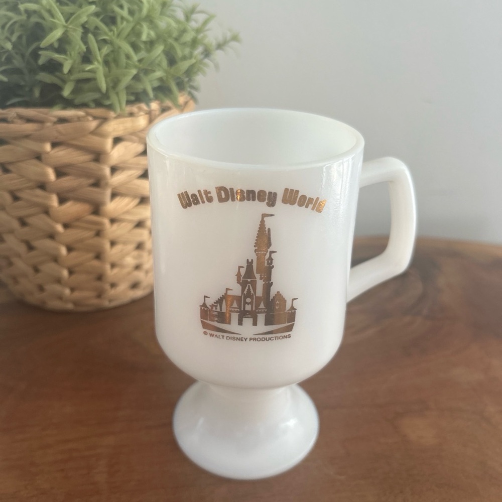 Walt Disney World White Milk Glass Pedestal Coffee Mug gold castle